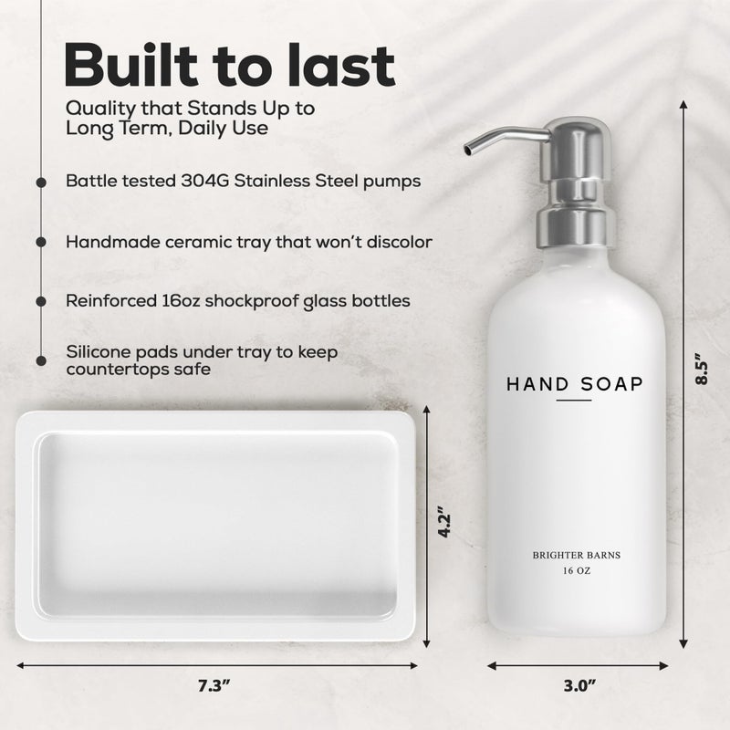 Brighter Barns White Glass Soap and Lotion Dispenser Set by Brighter Barns - Bathroom Soap Dispenser Set Tray - Liquid Hand Soap Dispenser Pump - Modern Bathroom Accessories for Guest, Hotel, Spa, Restaurant (White) - Image 3
