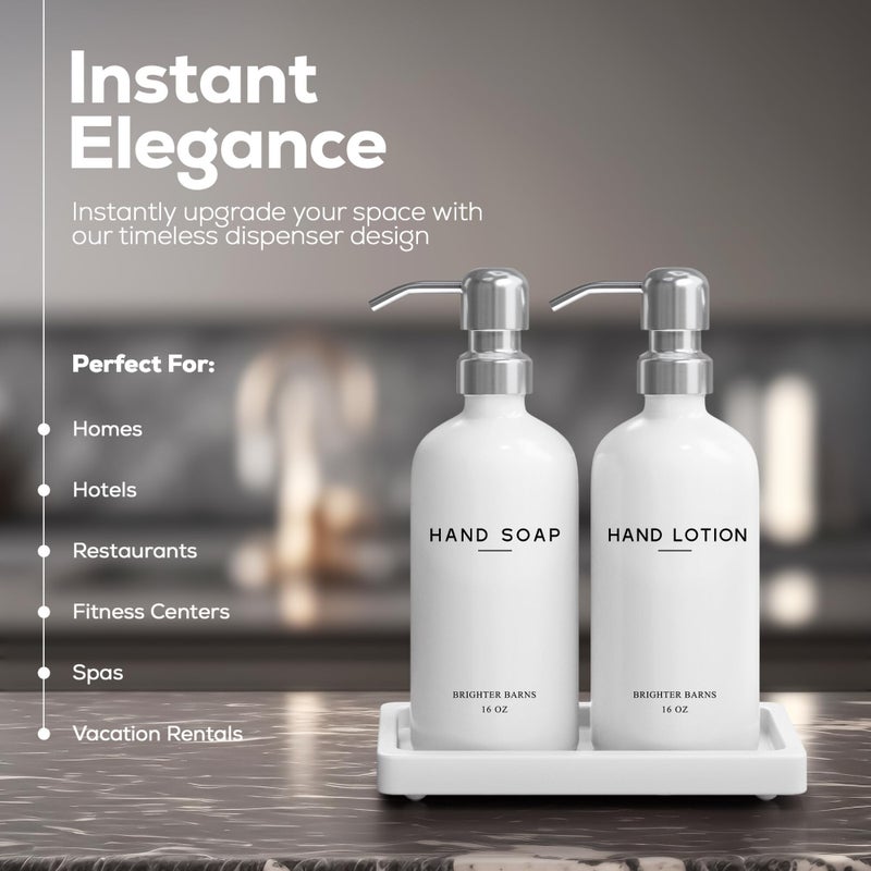 Brighter Barns White Glass Soap and Lotion Dispenser Set by Brighter Barns - Bathroom Soap Dispenser Set Tray - Liquid Hand Soap Dispenser Pump - Modern Bathroom Accessories for Guest, Hotel, Spa, Restaurant (White) - Image 2