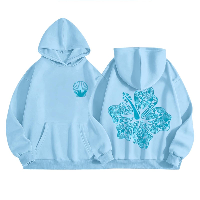 Lubpow Cute Pink Hoodie Kids Girls Aesthetic Preppy Hibiscus Flower Puff Hoodies Kawaii Hawaii Palm Beach Graphic Pullover(Sky Blue,160) - Image 1