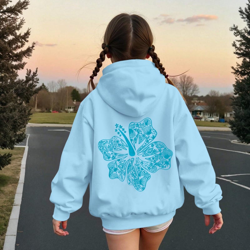 Lubpow Cute Pink Hoodie Kids Girls Aesthetic Preppy Hibiscus Flower Puff Hoodies Kawaii Hawaii Palm Beach Graphic Pullover(Sky Blue,160) - Image 4