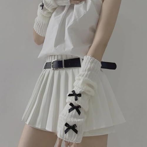 POHADON Women Knitted Arm Warmers Y2k Long Fingerless Gloves Cute Bow Arm Sleeve Cosplay Lolita Gyaru Accessories (White-black bow,One Size) - Image 2