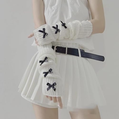 POHADON Women Knitted Arm Warmers Y2k Long Fingerless Gloves Cute Bow Arm Sleeve Cosplay Lolita Gyaru Accessories (White-black bow,One Size) - Image 4