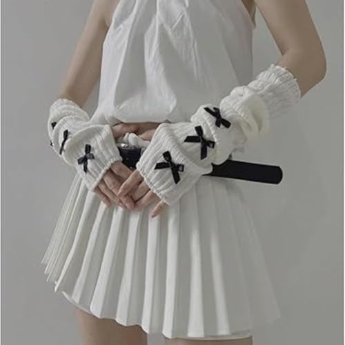 POHADON Women Knitted Arm Warmers Y2k Long Fingerless Gloves Cute Bow Arm Sleeve Cosplay Lolita Gyaru Accessories (White-black bow,One Size) - Image 5