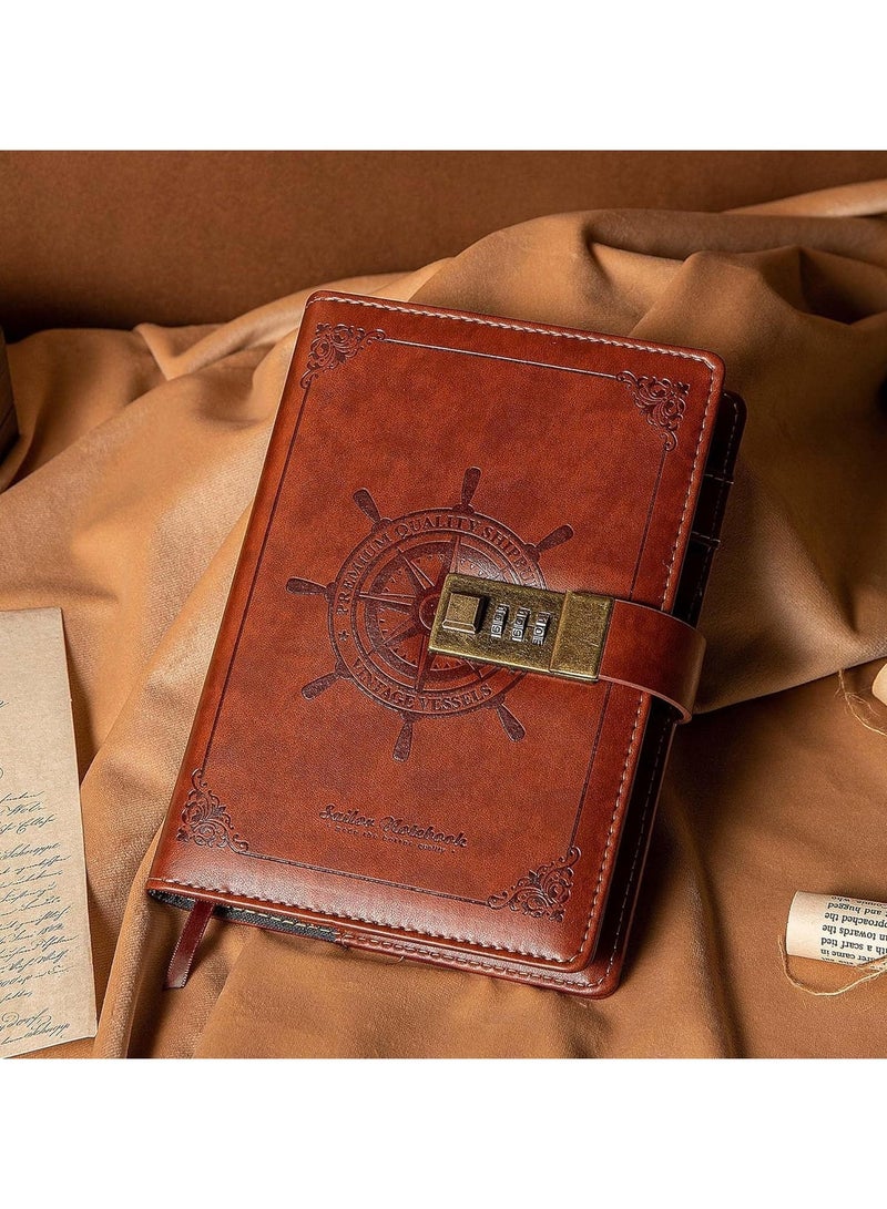 Vintage-Style Lockable Diary, Unisex, Replaceable Inner Pages, Leather Cover, B6 Size, Comes with Gift Box, 5.5 X 7.8 Inches, Sailor Brown For School, Travel, Business, Work, And Family Writing - Image 1