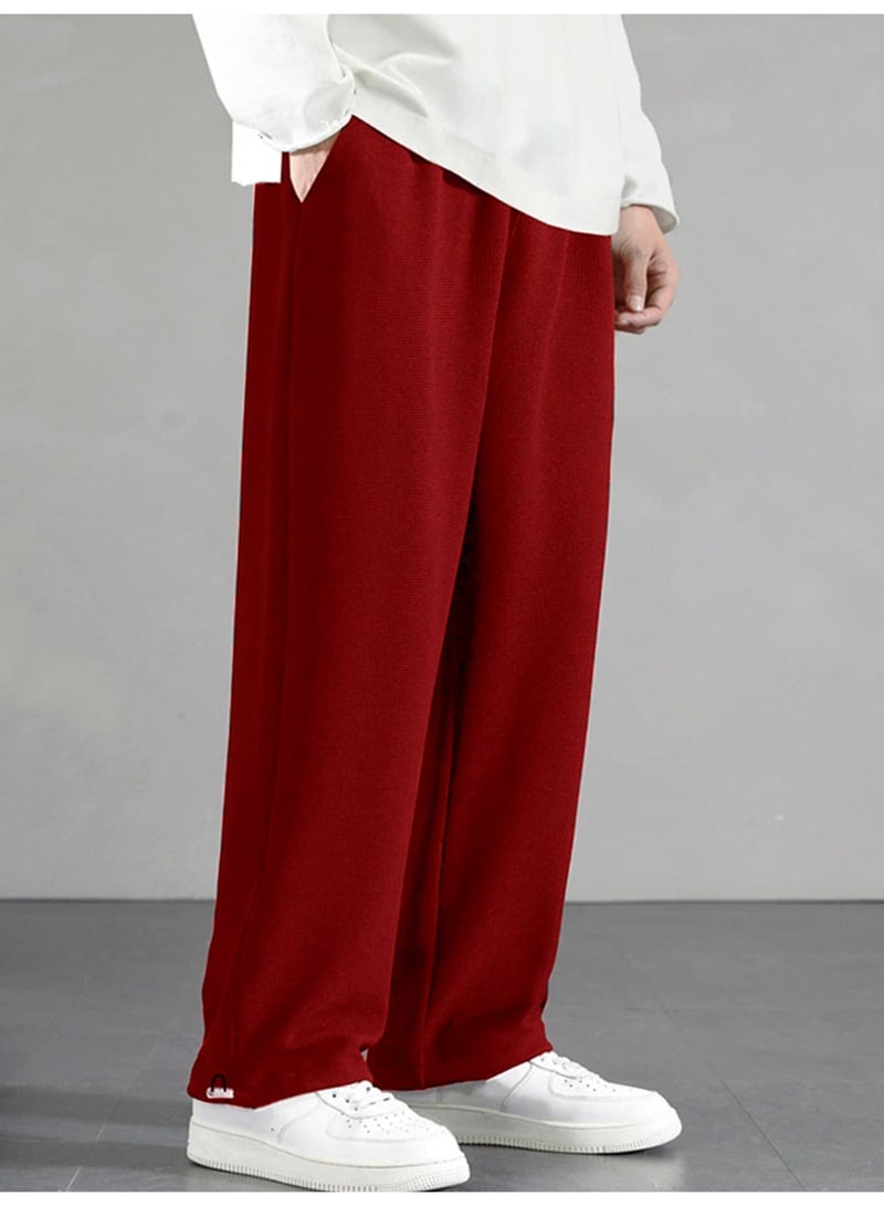 Men's Deep Red Wide Leg Knit Pants Drawstring Loose Fit Casual Trousers - Image 1