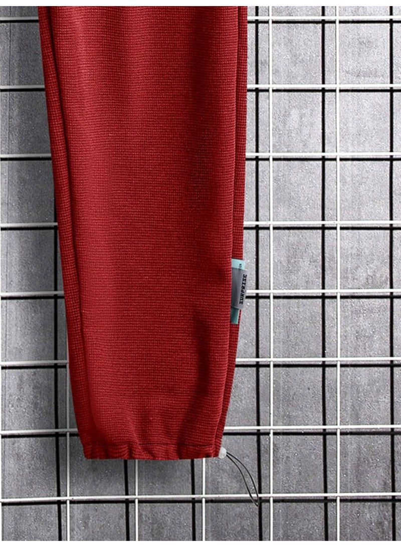 Men's Deep Red Wide Leg Knit Pants Drawstring Loose Fit Casual Trousers - Image 5