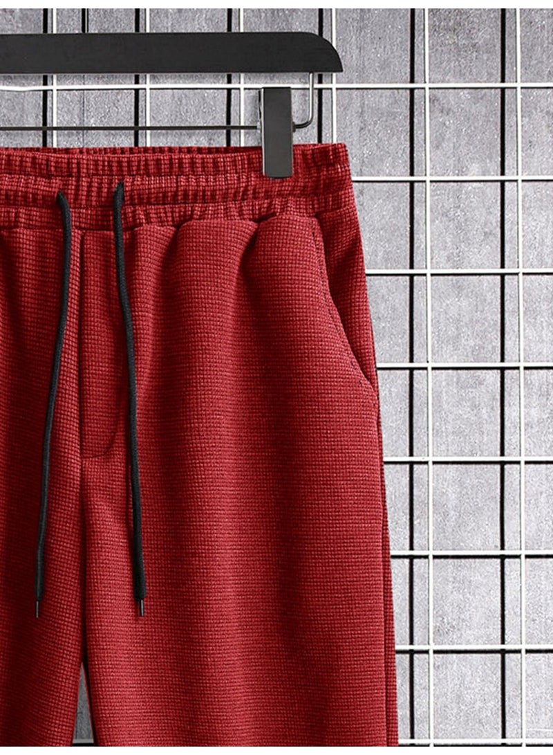 Men's Deep Red Wide Leg Knit Pants Drawstring Loose Fit Casual Trousers - Image 4