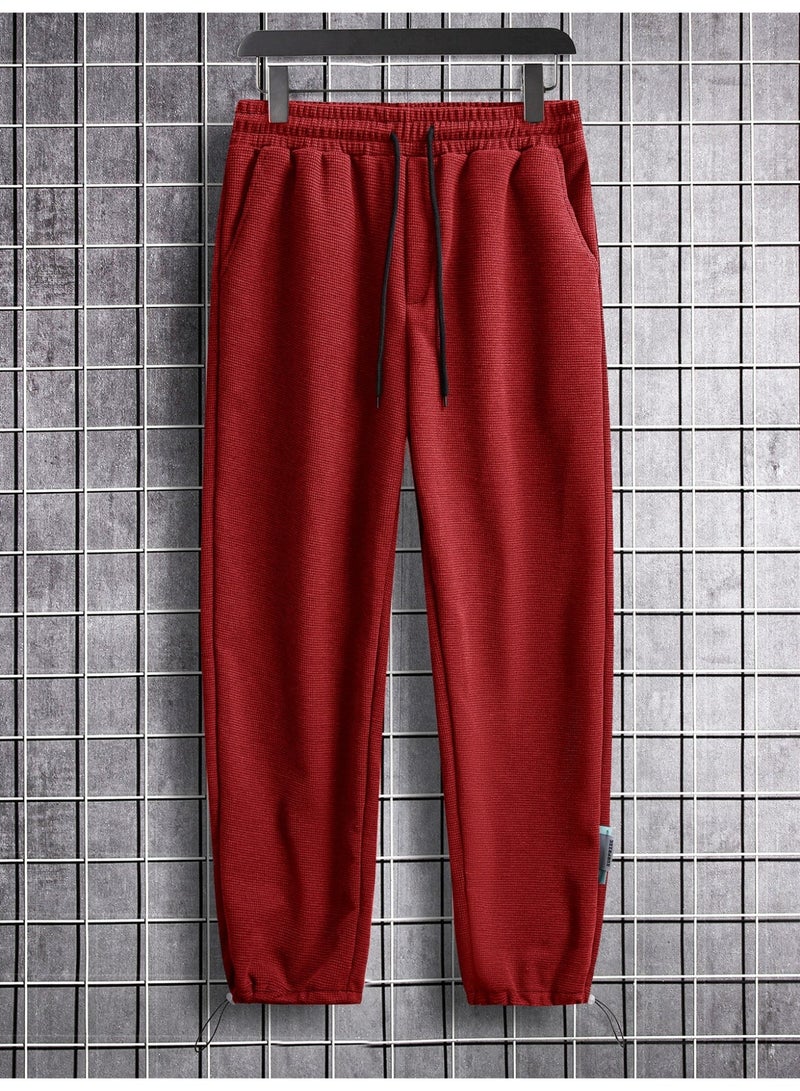 Men's Deep Red Wide Leg Knit Pants Drawstring Loose Fit Casual Trousers - Image 2
