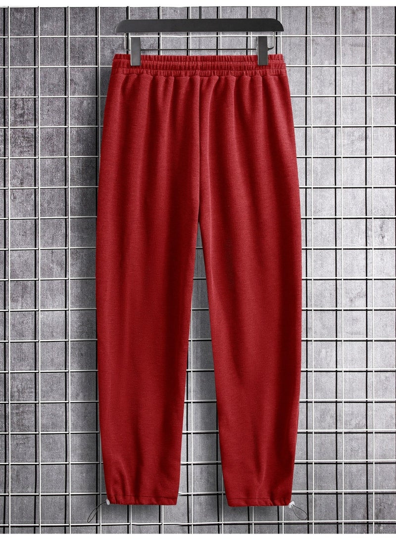 Men's Deep Red Wide Leg Knit Pants Drawstring Loose Fit Casual Trousers - Image 3