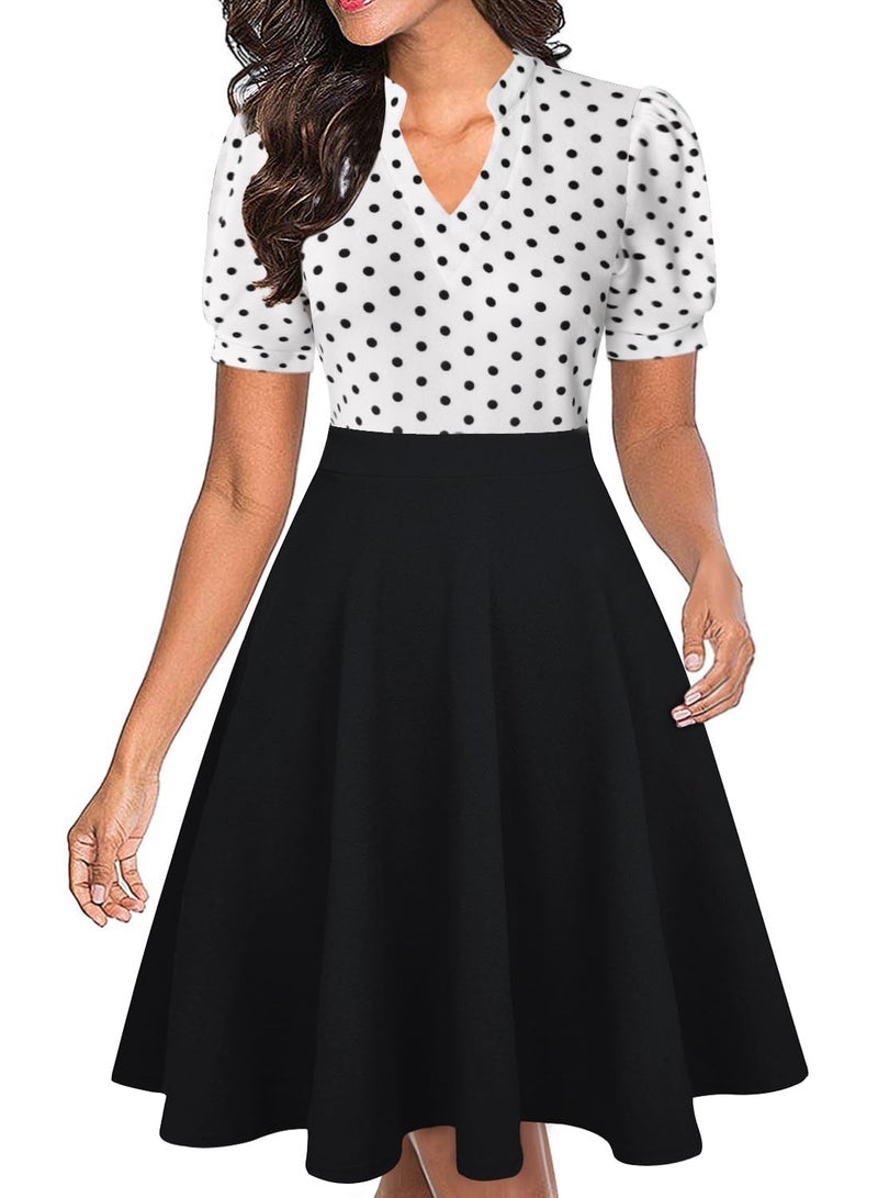 Mokayee Semi Formal Dresses for Women Summer Short Sleeve V Neck A Line Petite Color Block Swing Cocktail Modest Birthday Interview Business Wedding Guest Dresses with Pockets M - Image 1