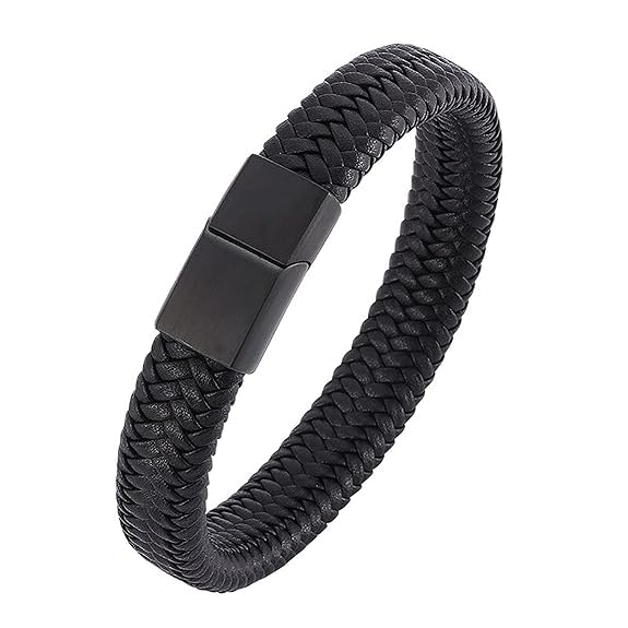 TRIPIN Black Leather Bracelet for Men, Magnetic Clasp, Braided Design, Fashion Accessory - Image 1