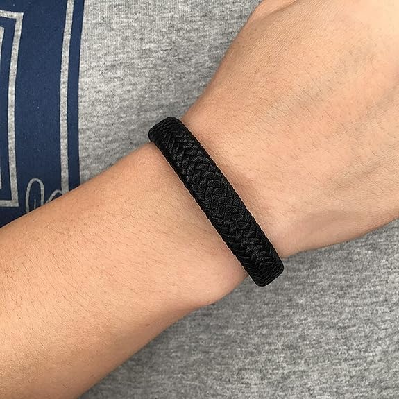 TRIPIN Black Leather Bracelet for Men, Magnetic Clasp, Braided Design, Fashion Accessory - Image 2