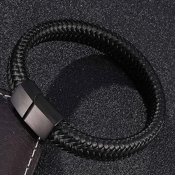 TRIPIN Black Leather Bracelet for Men, Magnetic Clasp, Braided Design, Fashion Accessory - Image 5