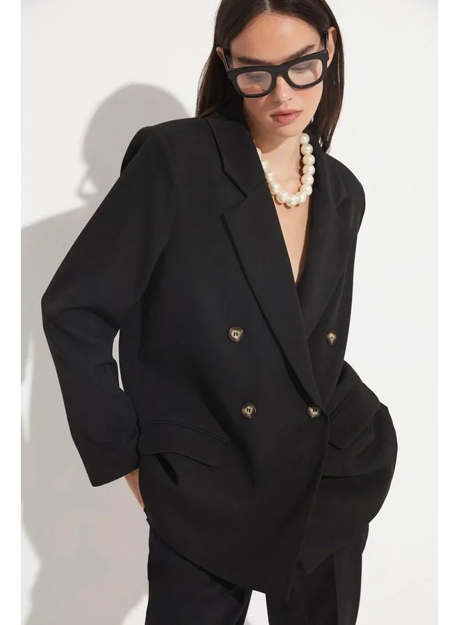 JUNE June Button Detailed Blazer Jacket Black