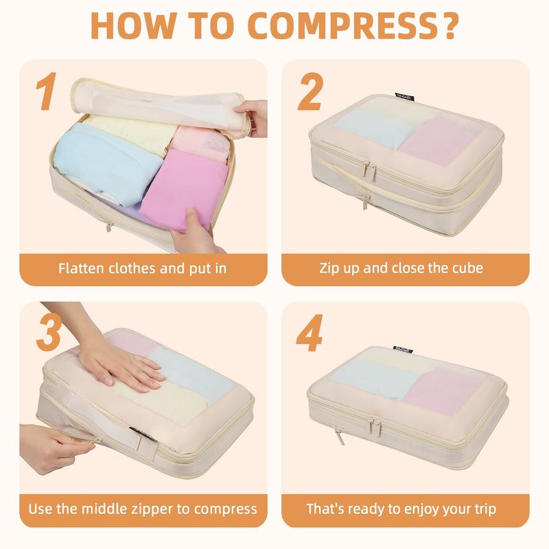 BAGAIL 4 Set/6 Set/8 Set Compression Packing Cubes Travel Accessories Expandable Packing Organizers (Cloth Pattern, 4-Coral) - Image 4