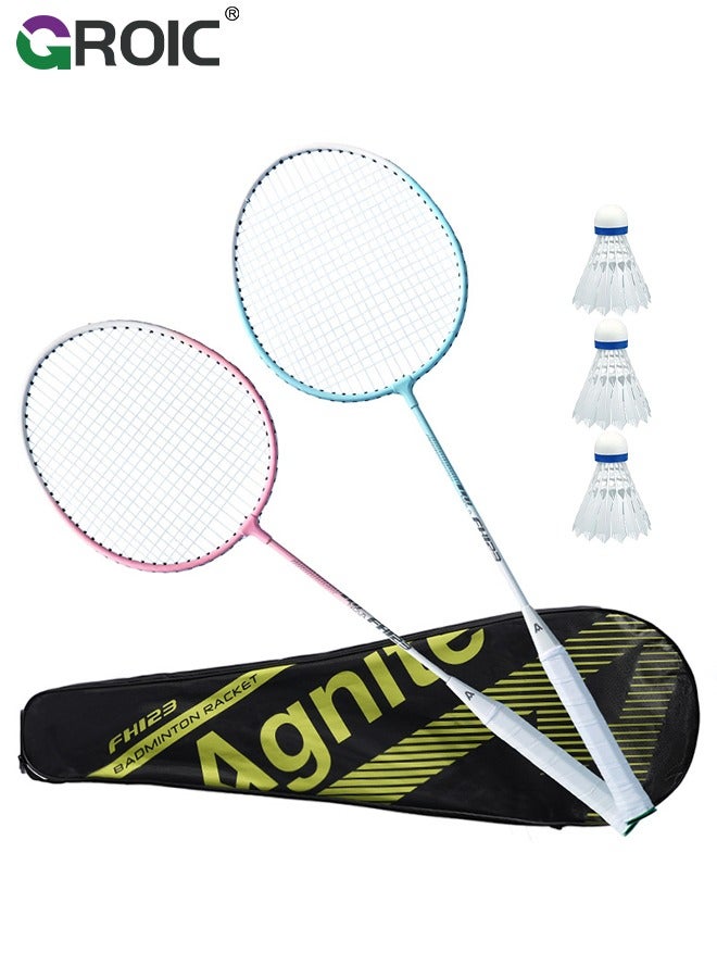 GROIC Badminton Set - 2 Badminton Rackets & 3 Badminton shuttlecocks & Carrying Bag, Professional Graphite Badminton Racket Lightweight & high Performance for Sports (Pink and Blue) - Image 1
