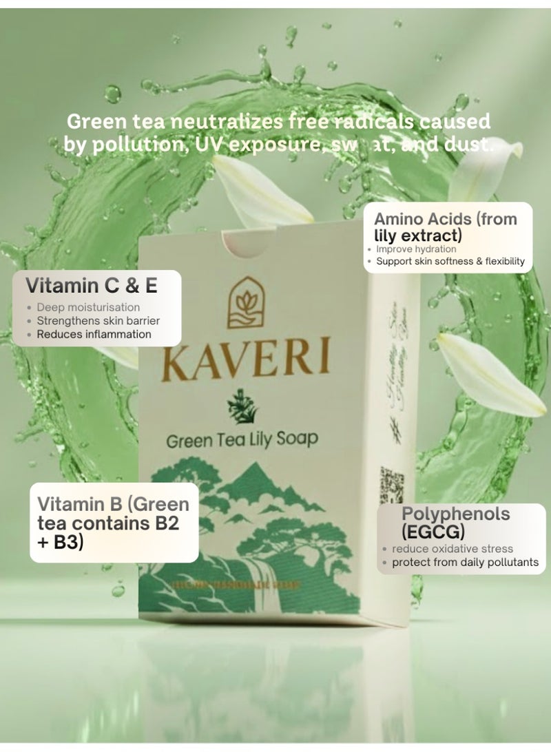 KAVERI Natural Green Tea Lily Handmade Soap Bar – Refreshing Cold-Processed Cleanser with Green Tea & Lily Extracts for Clear Healthy Skin 110 g - Image 2