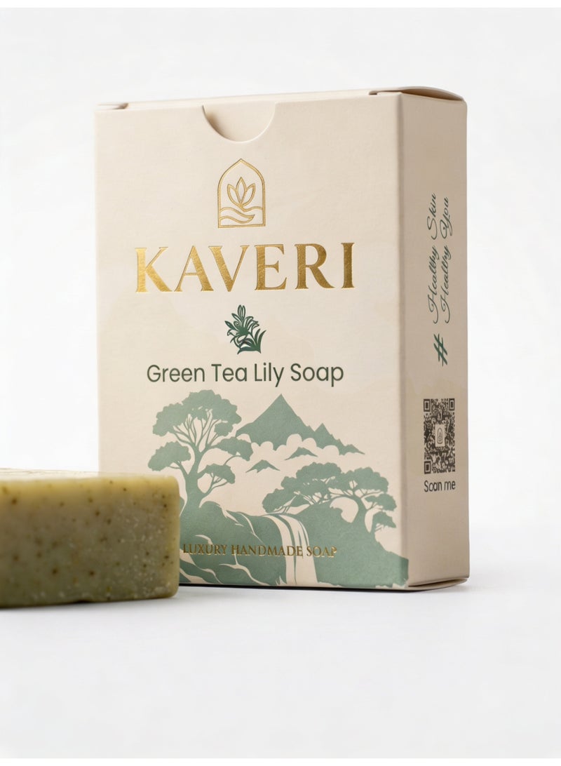 KAVERI Natural Green Tea Lily Handmade Soap Bar – Refreshing Cold-Processed Cleanser with Green Tea & Lily Extracts for Clear Healthy Skin 110 g - Image 1