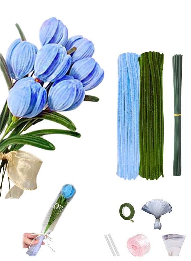 Lemon Rose Pipe Cleaners for Craft, Tulip Pipe Cleaners for Craft, 30cm Green and Blue Pipe Cleaners, Fuzzy Sticks Craft Supplies, Chenille Stems with Flower Pole, Flower Core & Gardening Tape, Arts & Crafts for DIY(8 Flowers) - Image 1