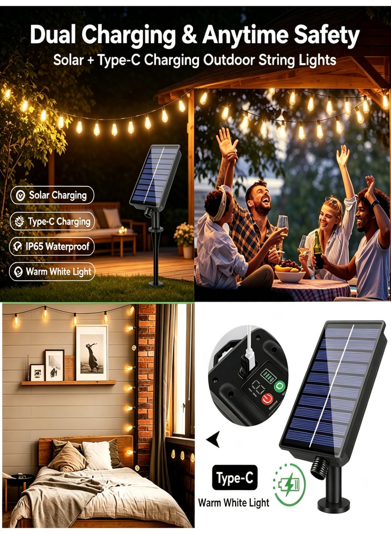 jaexest Solar Outdoor Fairy String Lights 10 M (32.8 Ft) 15 ST38 LED Bulbs 40 cm (15.7 Inch) Bulb Spacing Warm White IP65 Waterproof with Remote Control Solar and USB Charging 4 Light Modes for Garden Holiday Decoration - Image 2