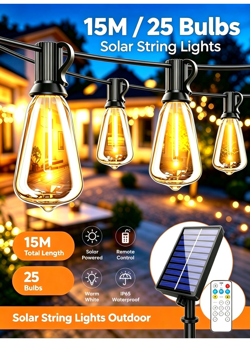 jaexest Solar Outdoor Fairy String Lights 10 M (32.8 Ft) 15 ST38 LED Bulbs 40 cm (15.7 Inch) Bulb Spacing Warm White IP65 Waterproof with Remote Control Solar and USB Charging 4 Light Modes for Garden Holiday Decoration - Image 1