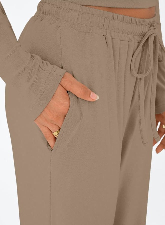 Trendy Queen طقم استرخاء متطابق من قطعتين للنساء بأكمام طويلة وتفاصيل جانبية مع بنطال واسع الساق بحزام قابل للتعديل مع جيوب، كاكي، XXS - Image 5