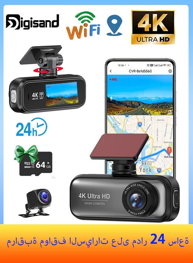 ديقيساند كاميرا Dash Cam 4K لكاميرا السيارة مدمجة في نظام تحديد المواقع العالمي اللاسلكي الخارجي مع بطاقة 64 جيجابايت تدعم الرؤية الليلية 24 ساعة تسجيل حلقة وقوف السيارات - Image 1