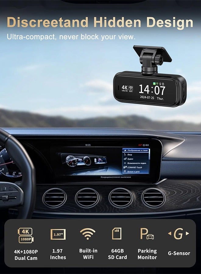 ديقيساند كاميرا Dash Cam 4K لكاميرا السيارة مدمجة في نظام تحديد المواقع العالمي اللاسلكي الخارجي مع بطاقة 64 جيجابايت تدعم الرؤية الليلية 24 ساعة تسجيل حلقة وقوف السيارات - Image 2