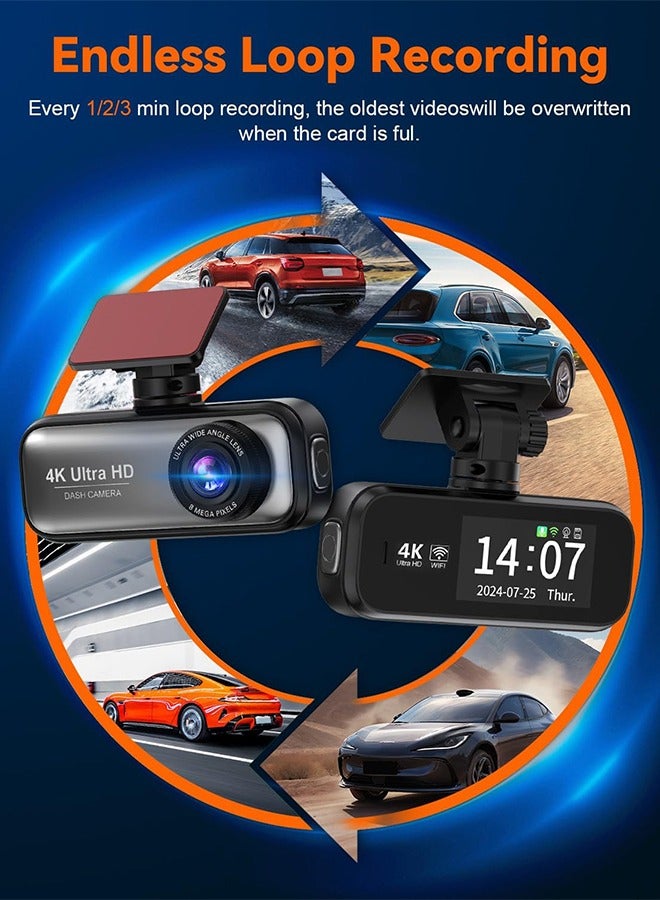 ديقيساند كاميرا Dash Cam 4K لكاميرا السيارة مدمجة في نظام تحديد المواقع العالمي اللاسلكي الخارجي مع بطاقة 64 جيجابايت تدعم الرؤية الليلية 24 ساعة تسجيل حلقة وقوف السيارات - Image 4