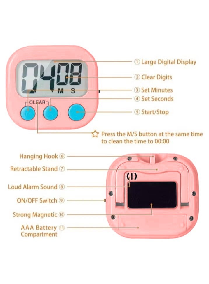 Digital Kitchen Timer for Cooking Big Digits Loud Alarm Magnetic Backing Stand Cooking Timers for Baking Pink - Image 3