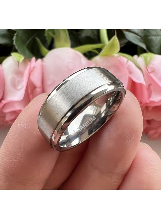 TUTISS 8mm Titanium Rings for Men Women Engagement Wedding Bands Matte Finish Stepped Beveled Edges Comfort Fit Size 9.5 - Image 4