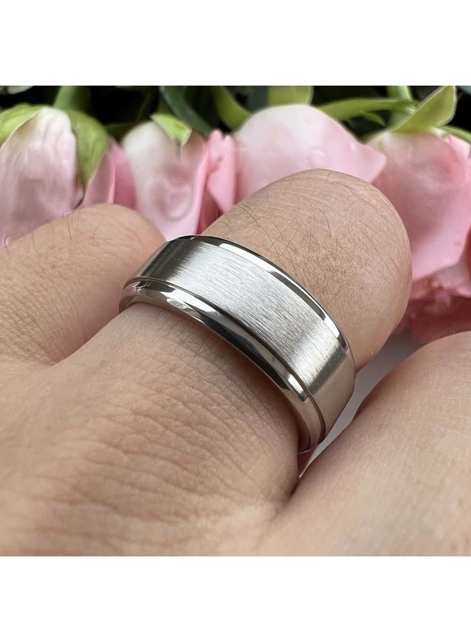 TUTISS 8mm Titanium Rings for Men Women Engagement Wedding Bands Matte Finish Stepped Beveled Edges Comfort Fit Size 9.5 - Image 5