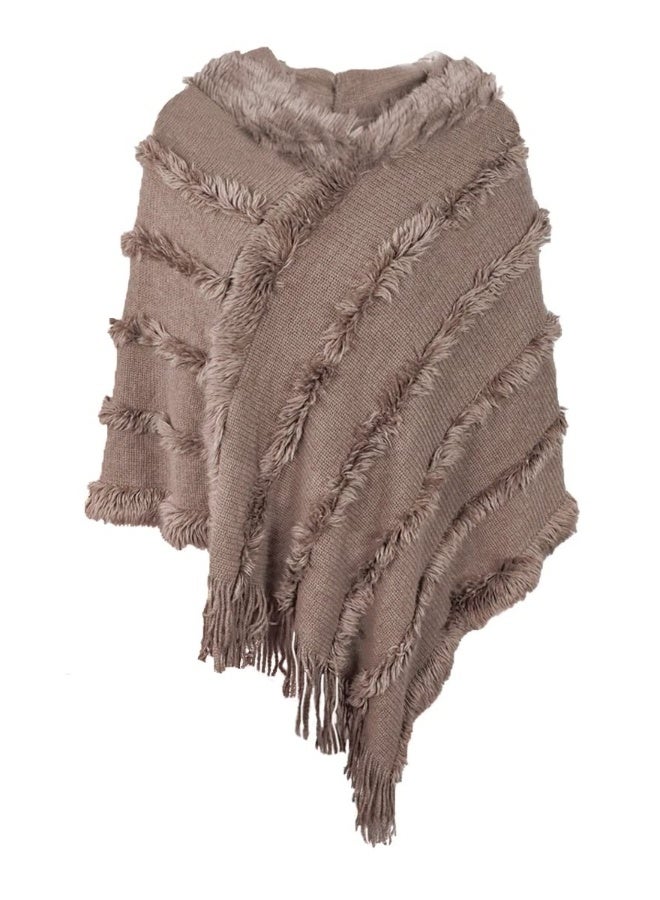 Ladies Hooded Poncho with Fringed Hem Crochet Cape for Autumn Winter, Solid Knitting Shawl Wrap Poncho Fringe Sweater Coats - Image 1