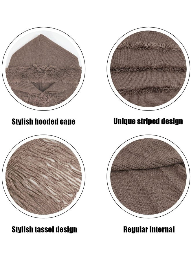 Ladies Hooded Poncho with Fringed Hem Crochet Cape for Autumn Winter, Solid Knitting Shawl Wrap Poncho Fringe Sweater Coats - Image 5