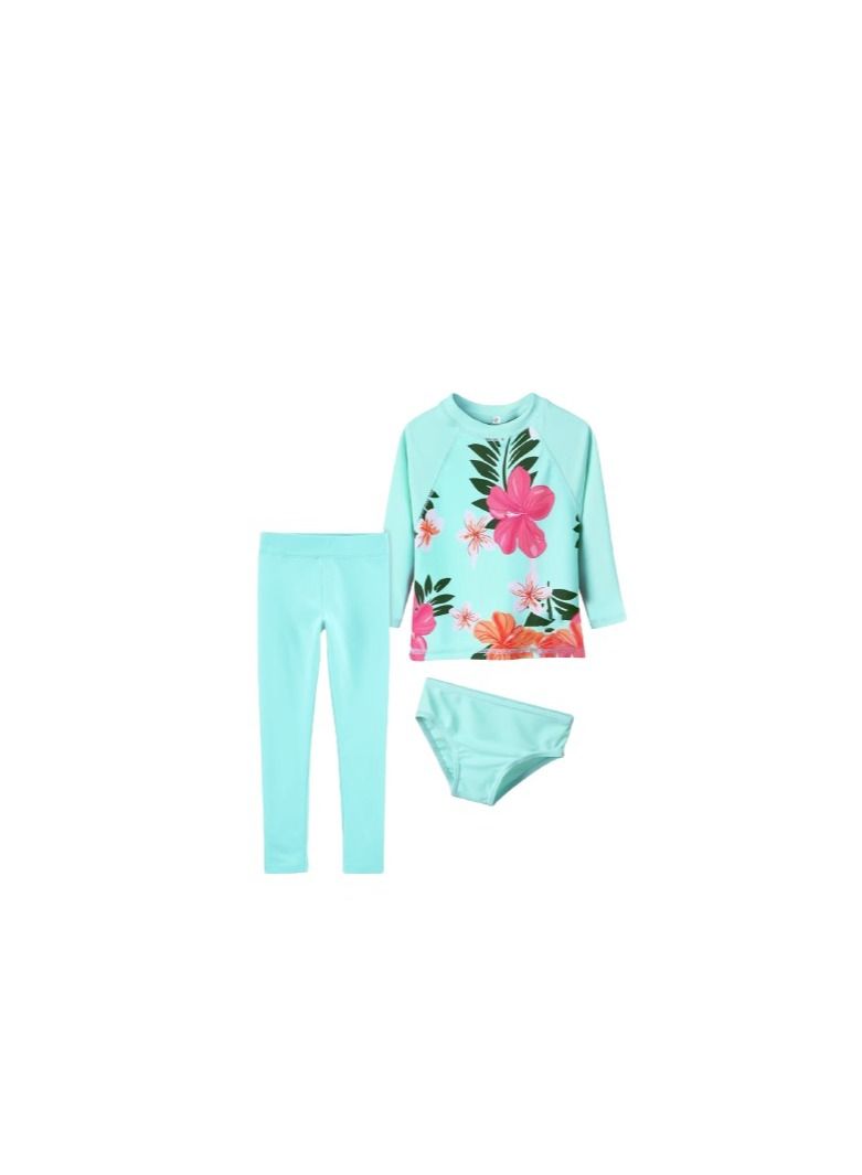 Girls' swimsuit consisting of a Light blue T-shirt with a drawing on it and light  blue pants