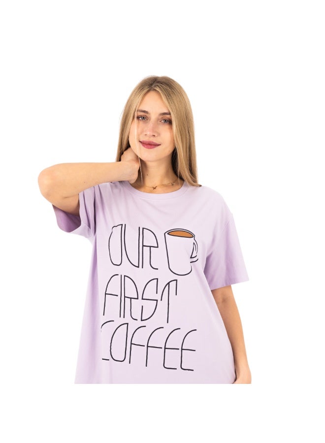 زيكوتكس  فستان منزلي نسائي قصير (تيشيرت دريس) قطن 100% - تصميم مريح بطبعة "Our First Coffee" - لون أرجواني فاتح (لافندر). - Image 3