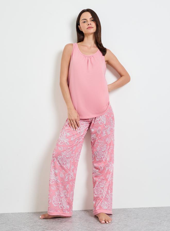 Styli Pink Gathered Swing Cami and Floral Print Pyjama Set - Image 2