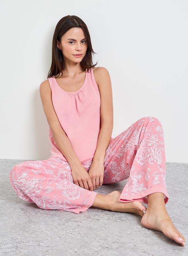 Styli Pink Gathered Swing Cami and Floral Print Pyjama Set - Image 1