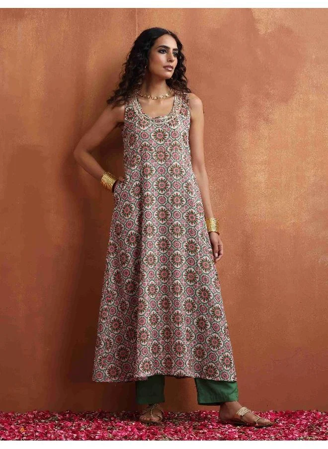 trueBrowns Off White Print Flared Anarkali Kurta Set