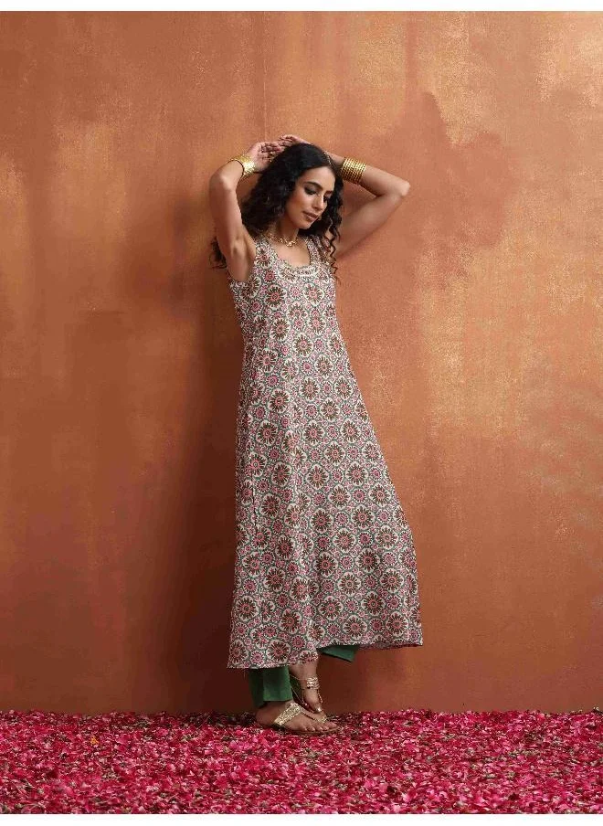 trueBrowns Off White Print Flared Anarkali Kurta Set