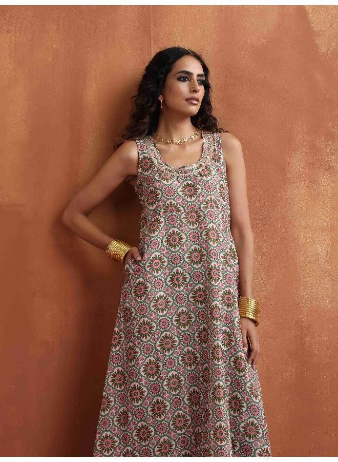 ترو برونز trueBrowns Off White Print Flared Anarkali Kurta Set