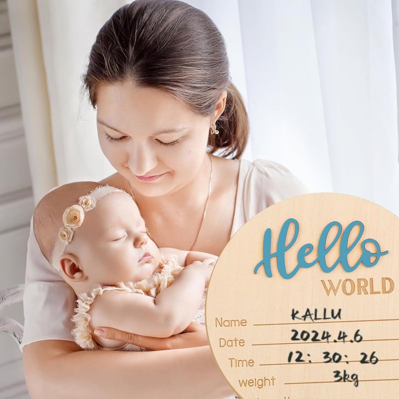 Apausvcm Baby Announcement Sign 59 Inch Hello World Newborn Welcome Sign Wooden Baby Name Sign Birth Announcement Plaques for Newborn Boys Girls Photo Props Baby Shower Hospital Nursery Blue - Image 5