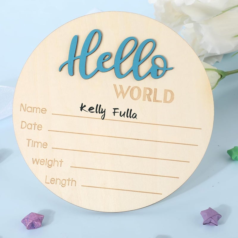 Apausvcm Baby Announcement Sign 59 Inch Hello World Newborn Welcome Sign Wooden Baby Name Sign Birth Announcement Plaques for Newborn Boys Girls Photo Props Baby Shower Hospital Nursery Blue - Image 4
