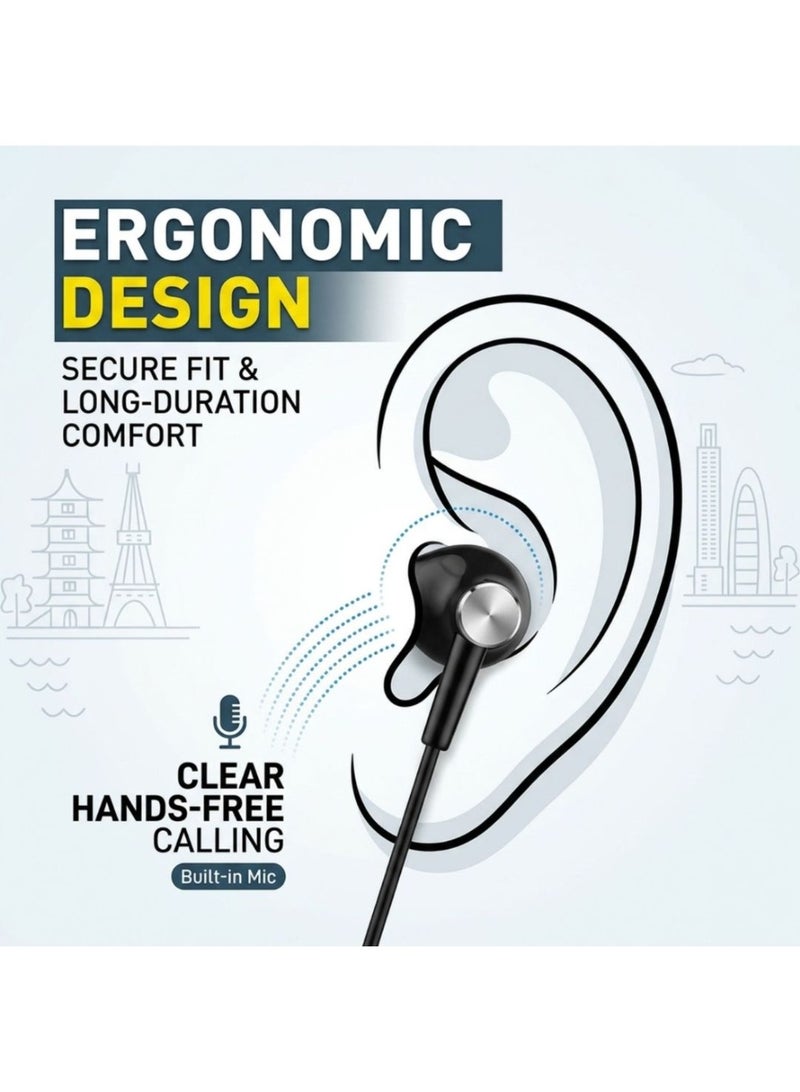 Hitage Tokyo Series EB-133 Type-C Stereo Music Earphones with Built-in Mic, HiFi Sound, Deep Bass, Ergonomic Secure Fit, 10mm Driver, 130cm Cable, Black - Image 2