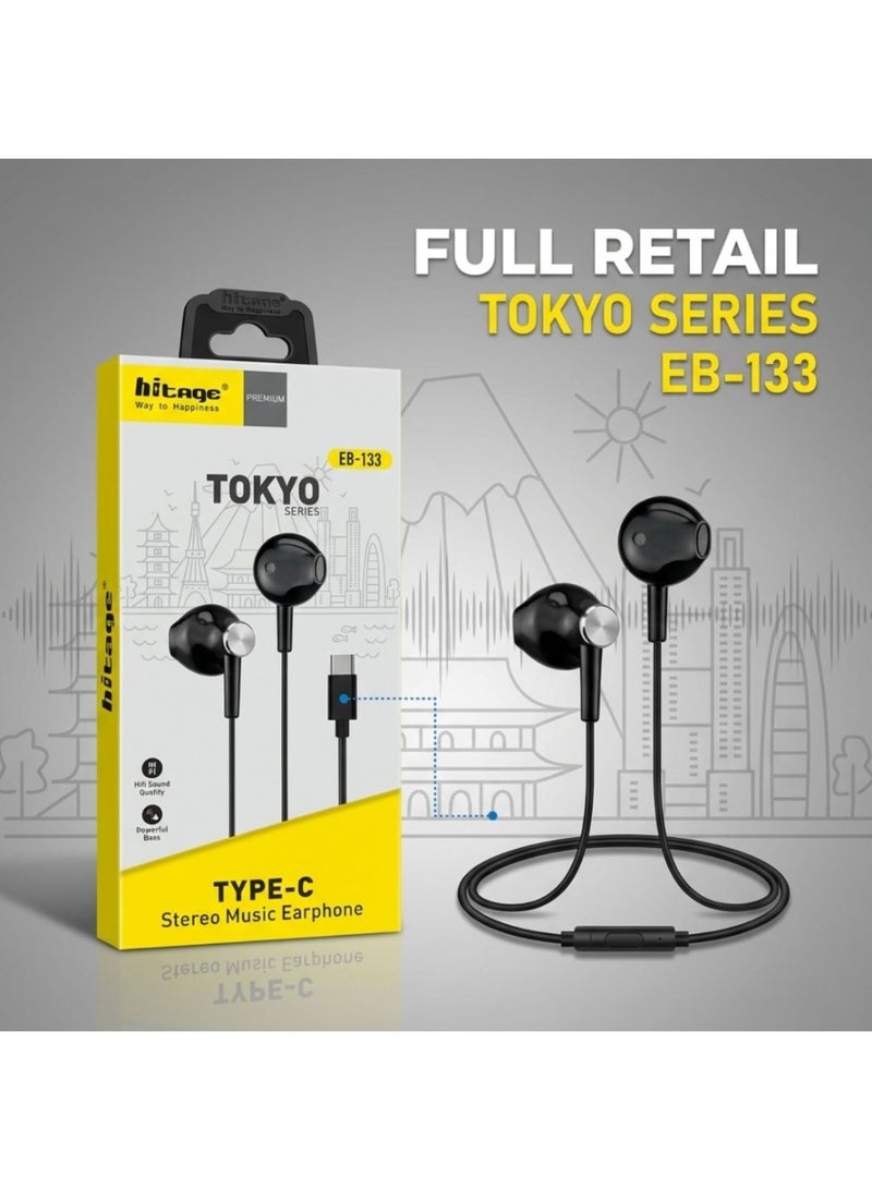Hitage Tokyo Series EB-133 Type-C Stereo Music Earphones with Built-in Mic, HiFi Sound, Deep Bass, Ergonomic Secure Fit, 10mm Driver, 130cm Cable, Black - Image 5