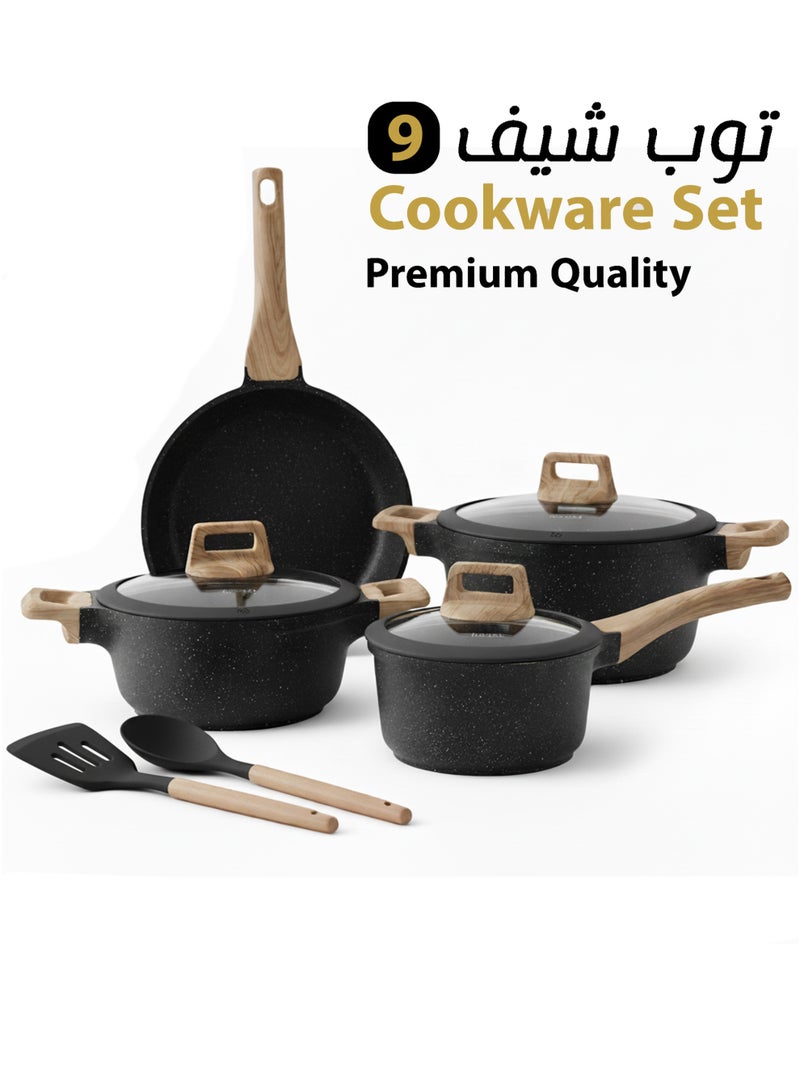 Top Chef 9-Piece Cookware Set Aluminum Pots And Pans Non-Stick Surface Wood Finish Handles Tempered Glass Lids PFOA Free - Frying Pan, Casserole With Silicon Lid, Saucepan With SiliconLid Dark Grey - Image 1
