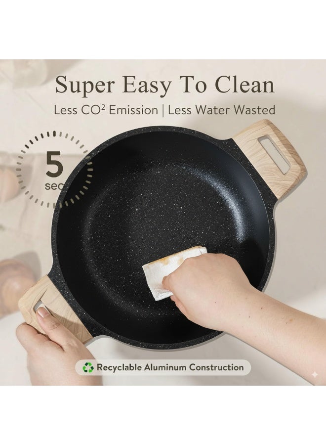 Top Chef 9-Piece Cookware Set Aluminum Pots And Pans Non-Stick Surface Wood Finish Handles Tempered Glass Lids PFOA Free - Frying Pan, Casserole With Silicon Lid, Saucepan With SiliconLid Dark Grey - Image 2