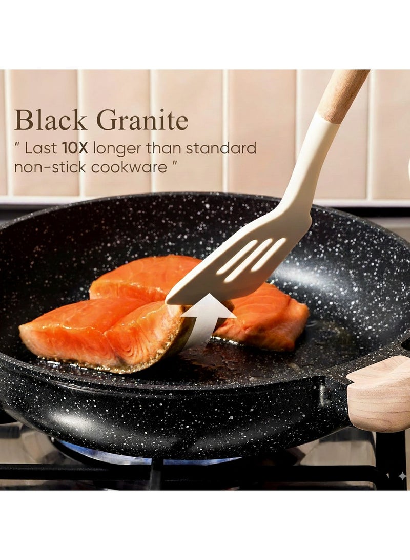 Top Chef 9-Piece Cookware Set Aluminum Pots And Pans Non-Stick Surface Wood Finish Handles Tempered Glass Lids PFOA Free - Frying Pan, Casserole With Silicon Lid, Saucepan With SiliconLid Dark Grey - Image 4