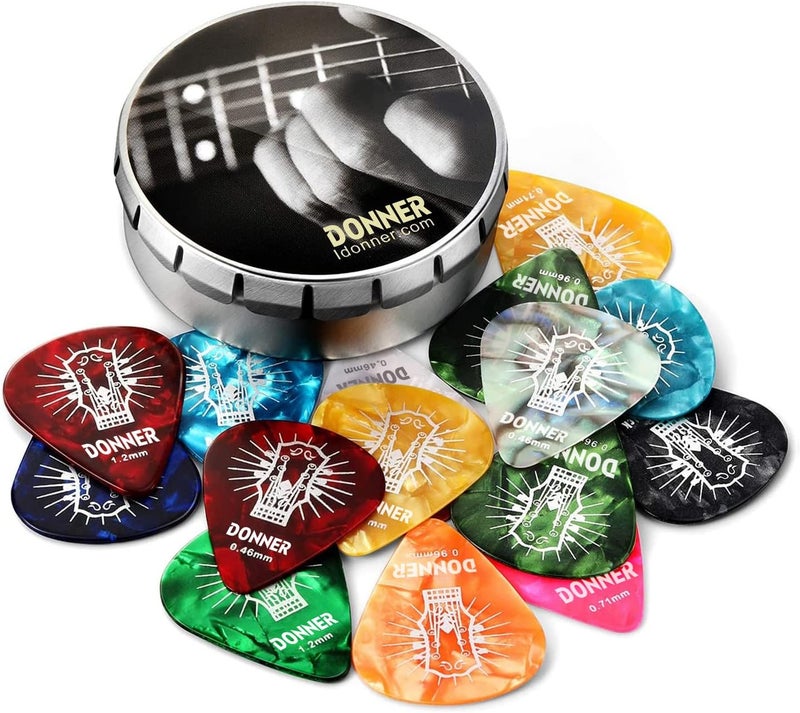Donner Guitar Picks Celluloid 16 Pack for Acoustic Guitar Electric Guitar Ukulele,Includes Thin,Medium, Heavy & Extra Heavy Picks with Case - Image 1