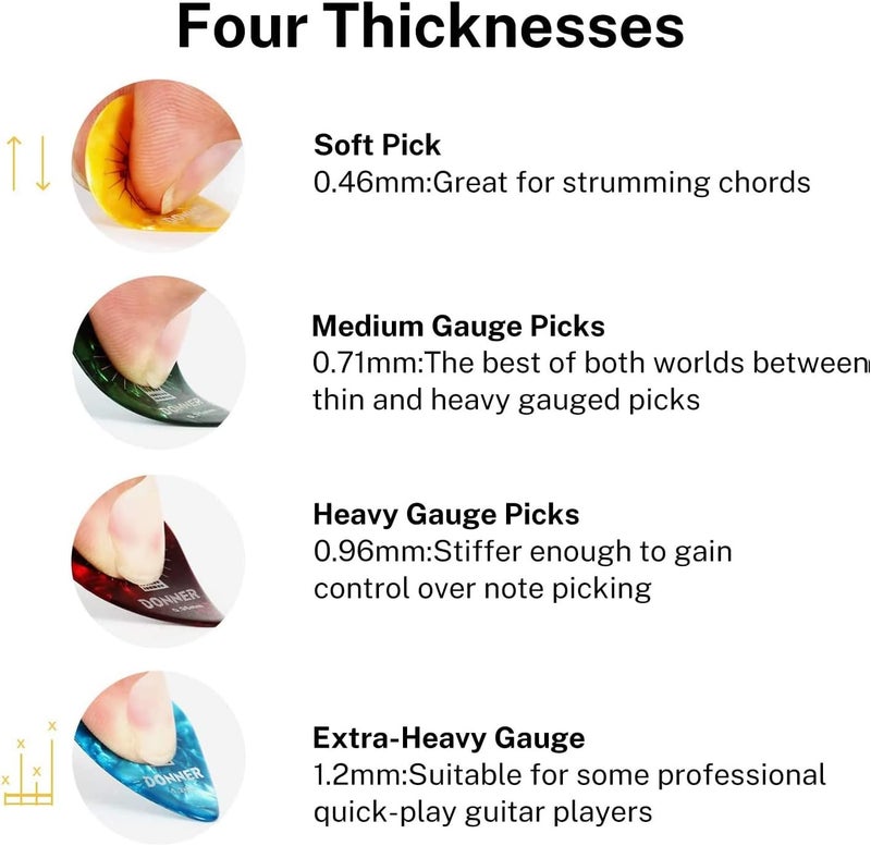 Donner Guitar Picks Celluloid 16 Pack for Acoustic Guitar Electric Guitar Ukulele,Includes Thin,Medium, Heavy & Extra Heavy Picks with Case - Image 3
